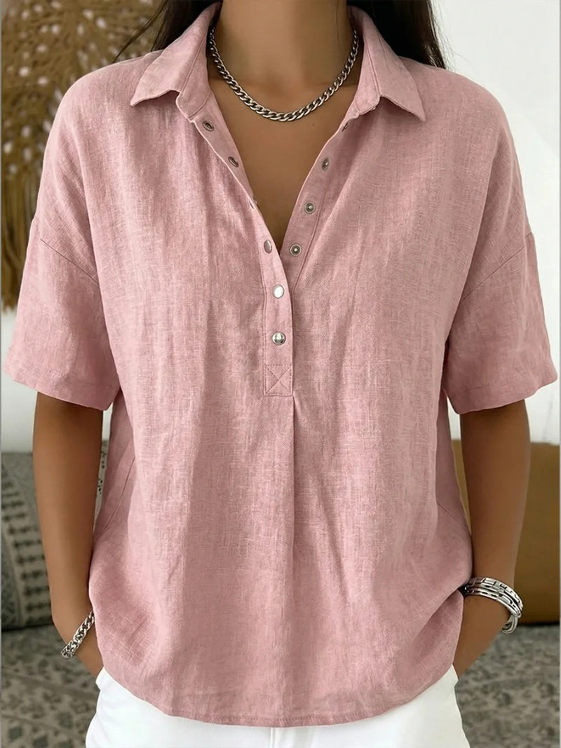 Inés | Blusa de Lino Manga Corta Mujer Cuello Polo Botones