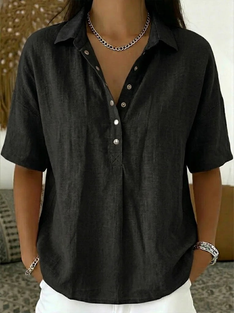 Inés | Blusa de Lino Manga Corta Mujer Cuello Polo Botones