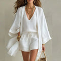 Inés | Conjunto de 3 Piezas de Lino Mujer Top Escote V Shorts y Kimono