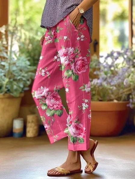 Inés | Pantalón Fluido Estampado Floral Mujer Cintura Media Bolsillos