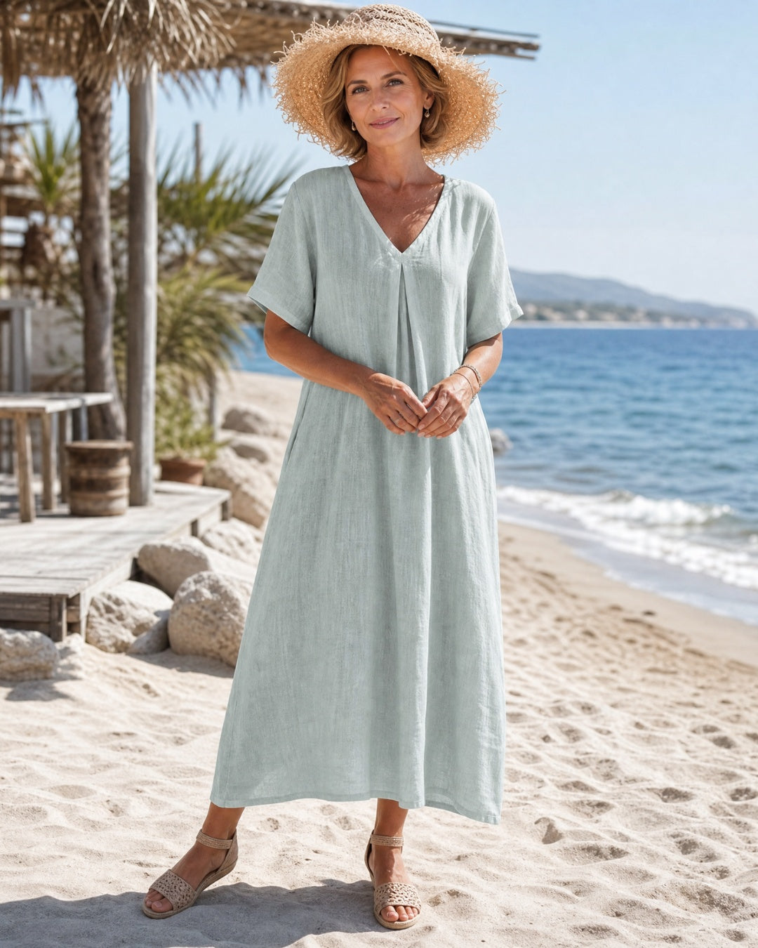 Inés | Vestido Largo de Verano Casual Mujer Escote V Manga Corta