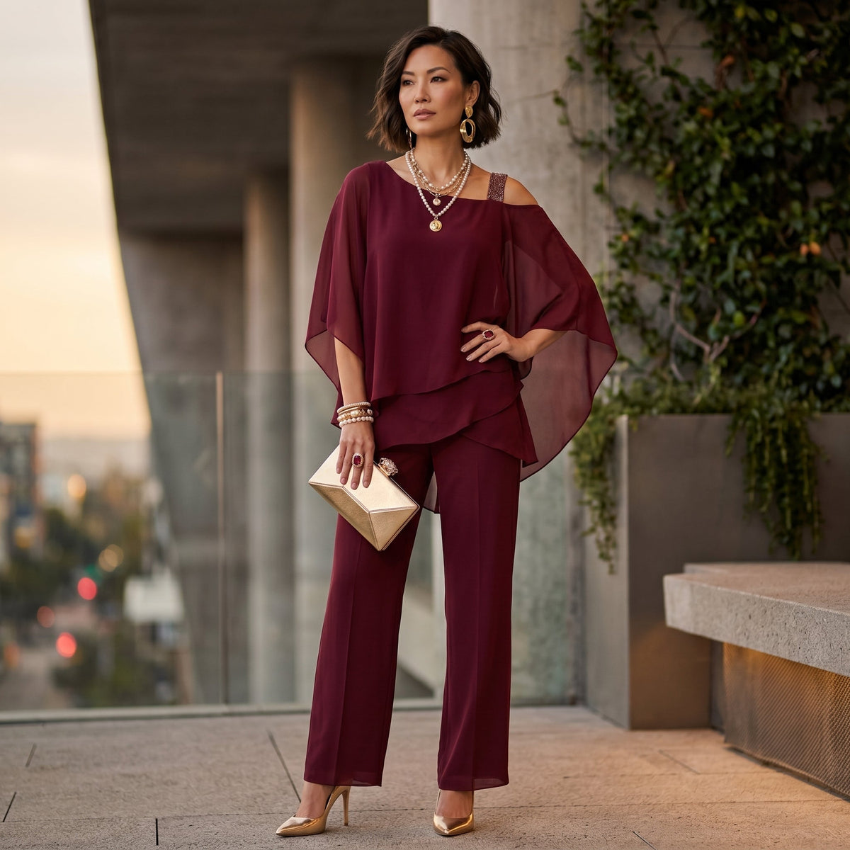 Inmaculada | Conjunto Elegante de Gasa Mujer Escote Asimétrico