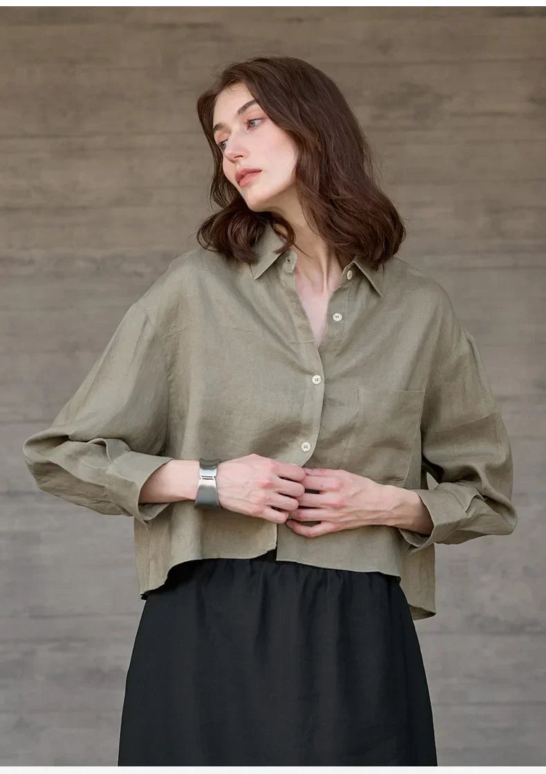 Jimena | Camisa de Lino Cropped Mujer Manga Larga Oversize