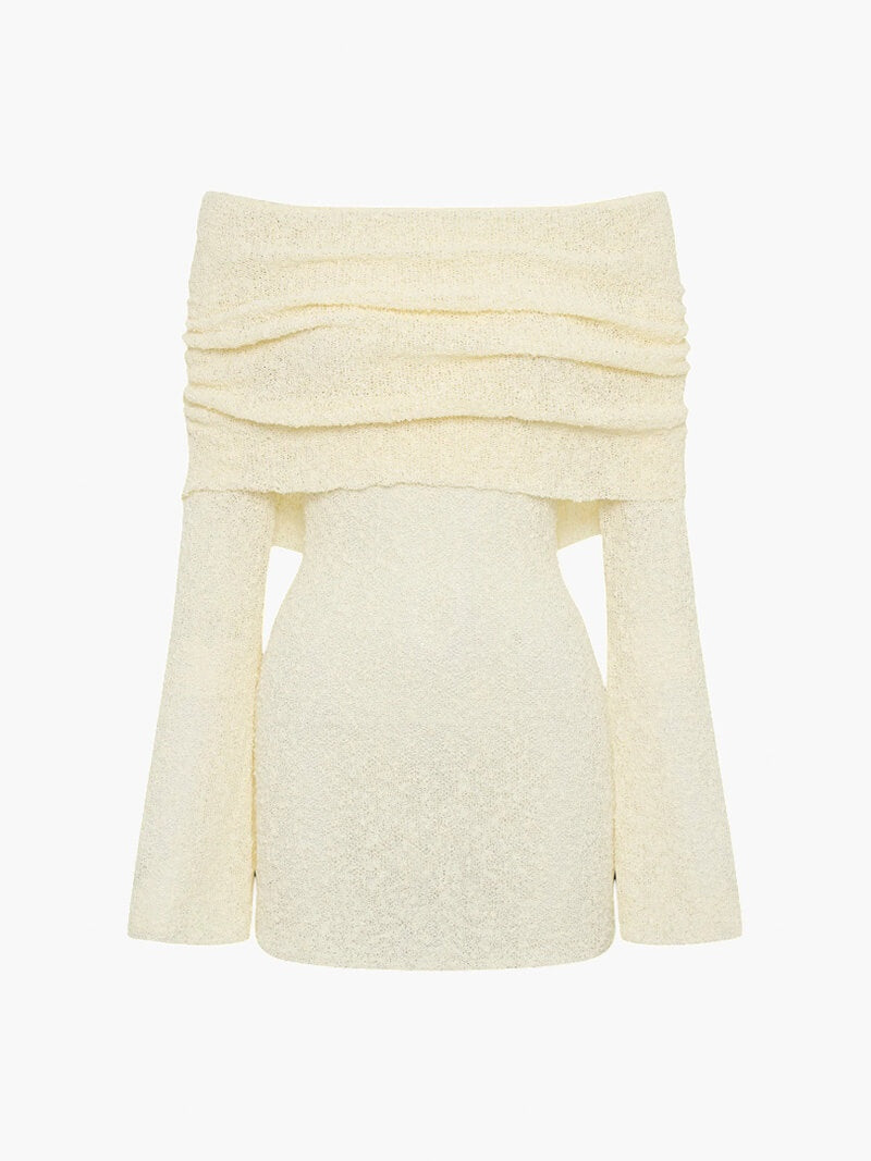 Leire | Vestido Corto de Punto Bouclé Mujer Hombros Descubiertos Manga Larga