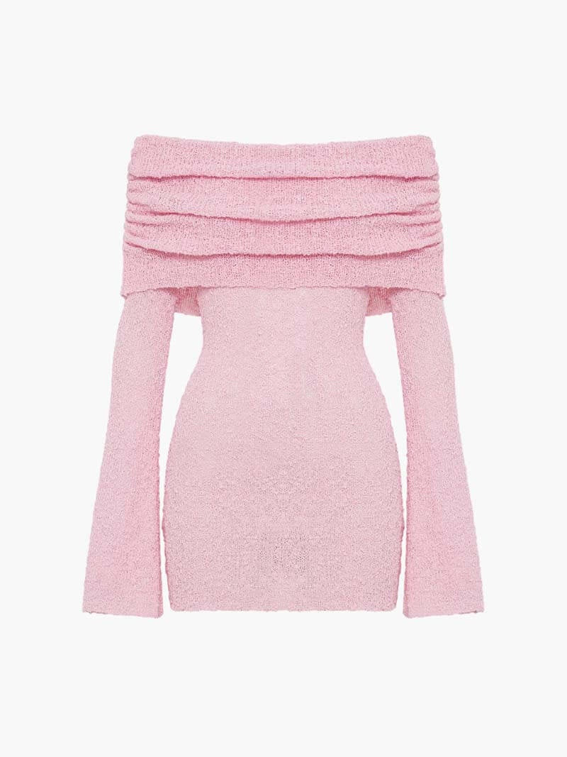 Leire | Vestido Corto de Punto Bouclé Mujer Hombros Descubiertos Manga Larga