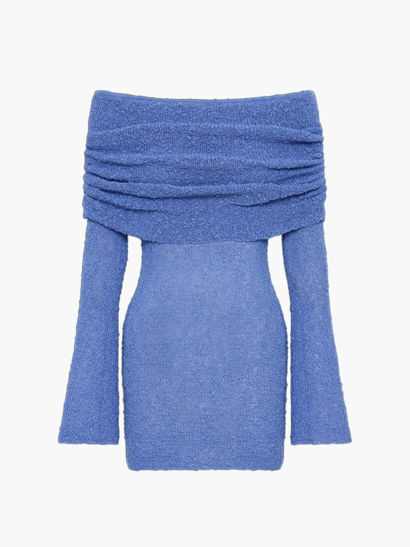 Leire | Vestido Corto de Punto Bouclé Mujer Hombros Descubiertos Manga Larga