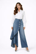 Leticia | Pantalón Vaquero Palazzo Asimétrico Mujer Botones Pierna Ancha