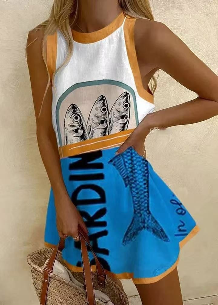Leticia | Vestido Corto de Verano Estampado Marino Mujer Sin Mangas Playa