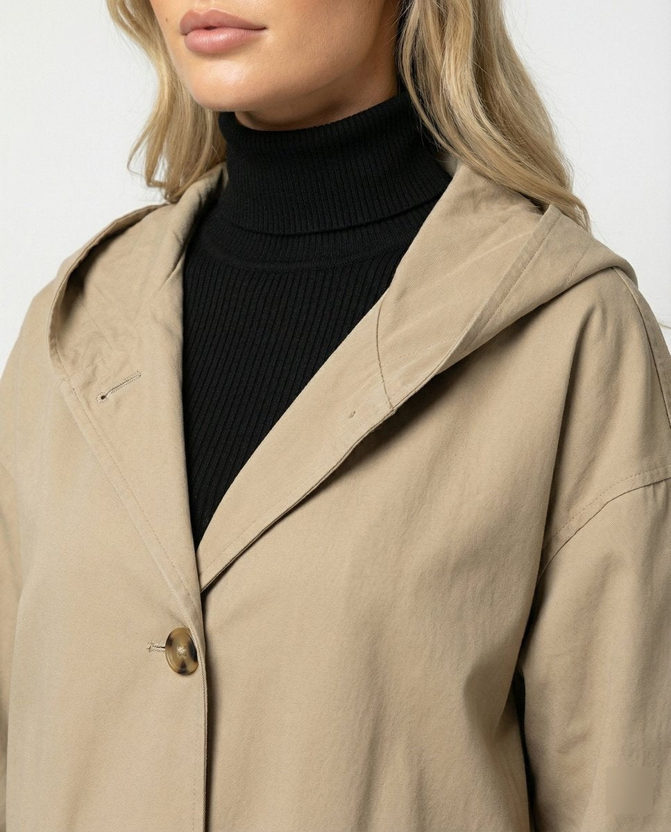 Lola | Gabardina Larga Impermeable Mujer con Capucha Botones