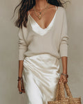 Lorraine | Knit Set with V-Neck Sweater and Satin Midi Skirt for Women