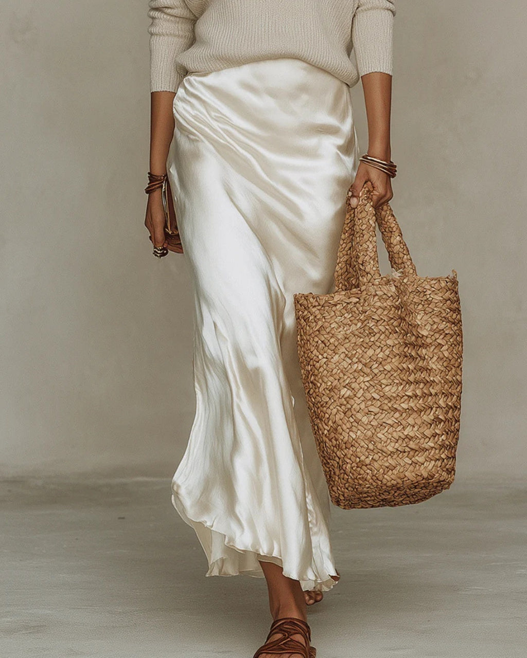 Lorraine | Knit Set with V-Neck Sweater and Satin Midi Skirt for Women