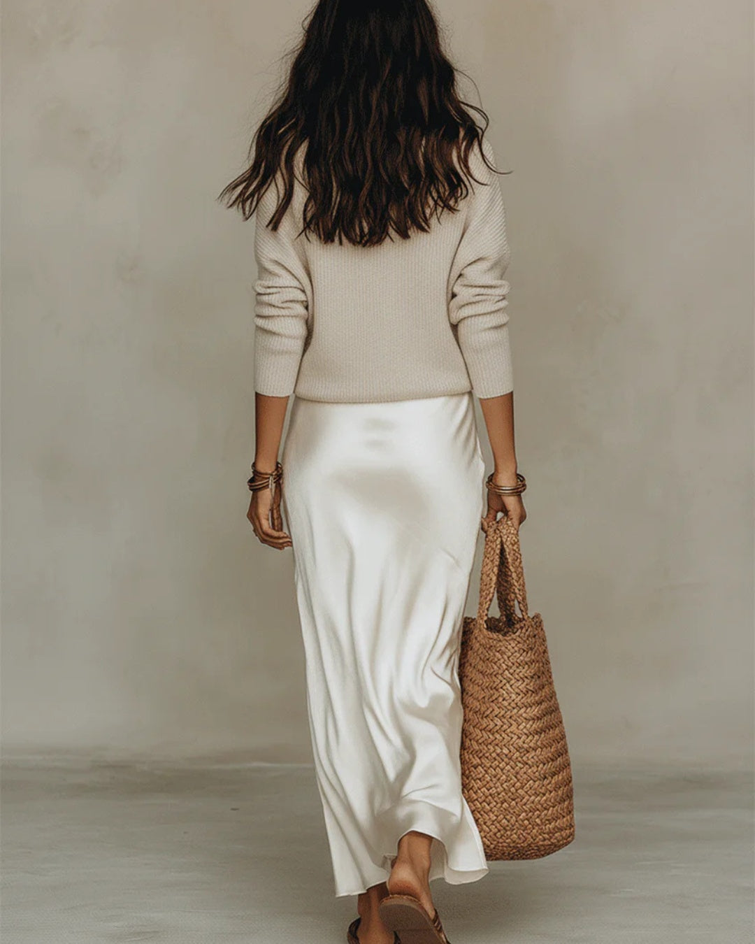 Lorraine | Knit Set with V-Neck Sweater and Satin Midi Skirt for Women