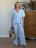 Macarena | Linen Set with Puff-Sleeve Blouse and Wide-Leg Pants for Women