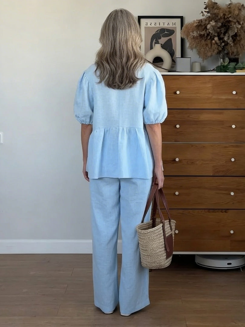 Macarena | Linen Set with Puff-Sleeve Blouse and Wide-Leg Pants for Women