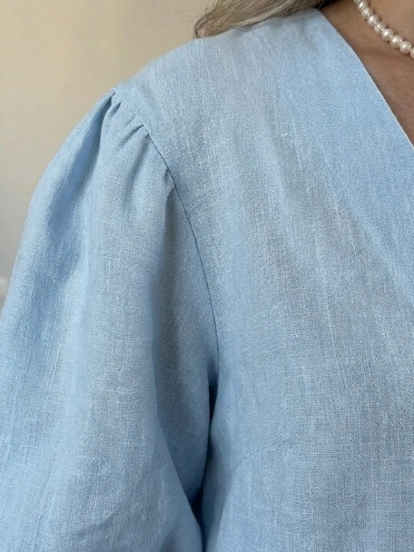 Macarena | Linen Set with Puff-Sleeve Blouse and Wide-Leg Pants for Women