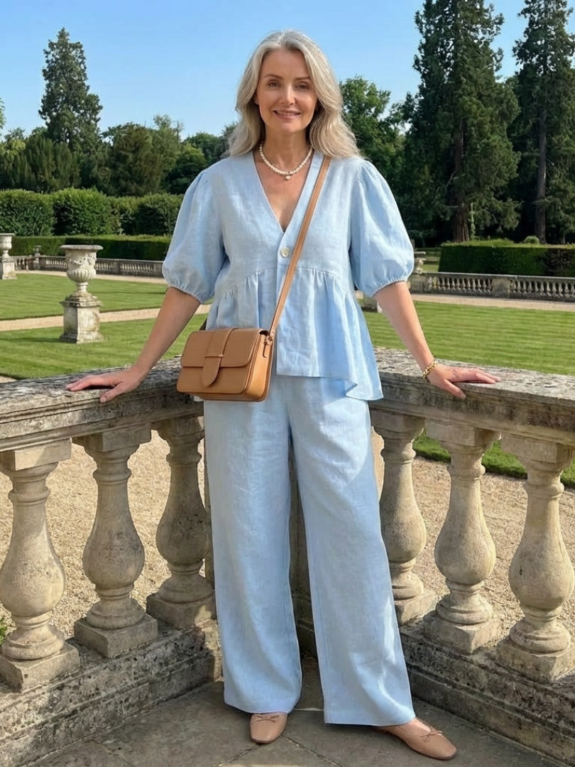 Macarena | Linen Set with Puff-Sleeve Blouse and Wide-Leg Pants for Women