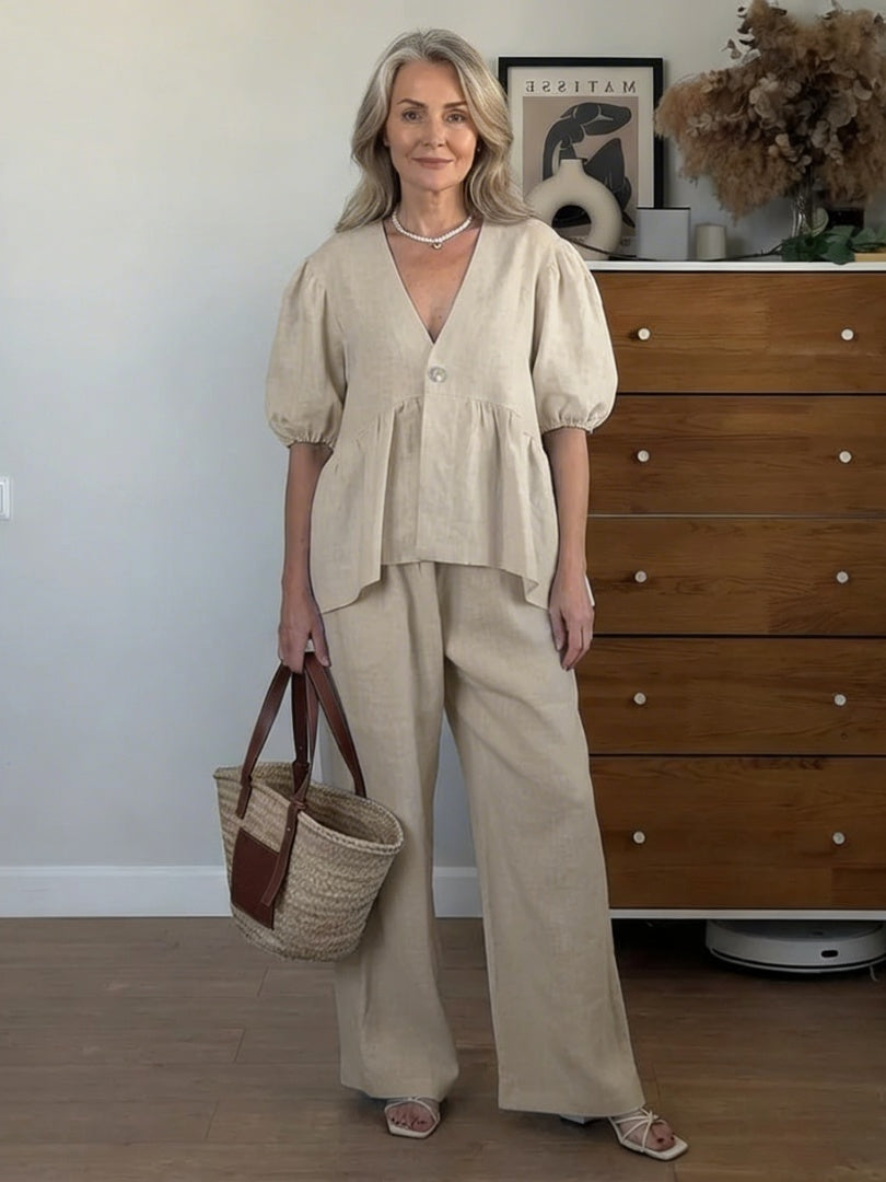 Macarena | Linen Set with Puff-Sleeve Blouse and Wide-Leg Pants for Women