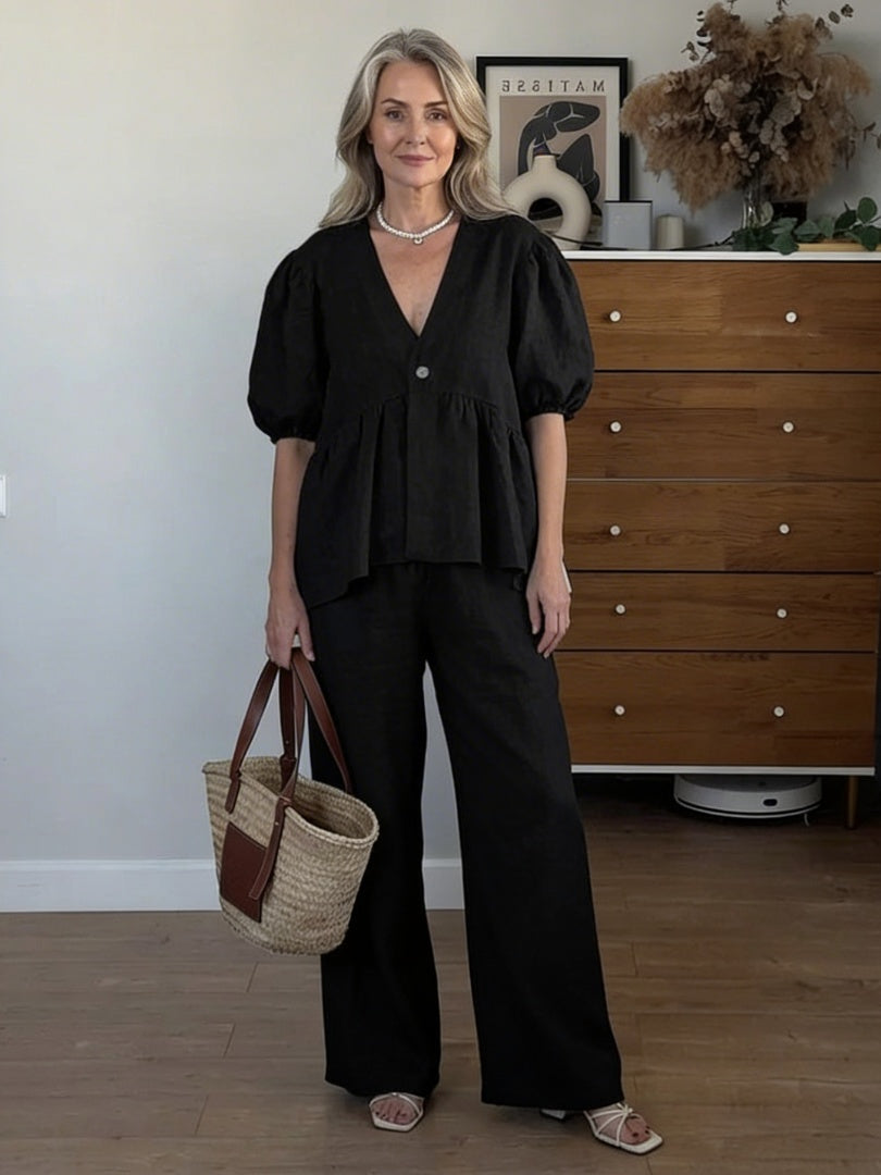 Macarena | Linen Set with Puff-Sleeve Blouse and Wide-Leg Pants for Women