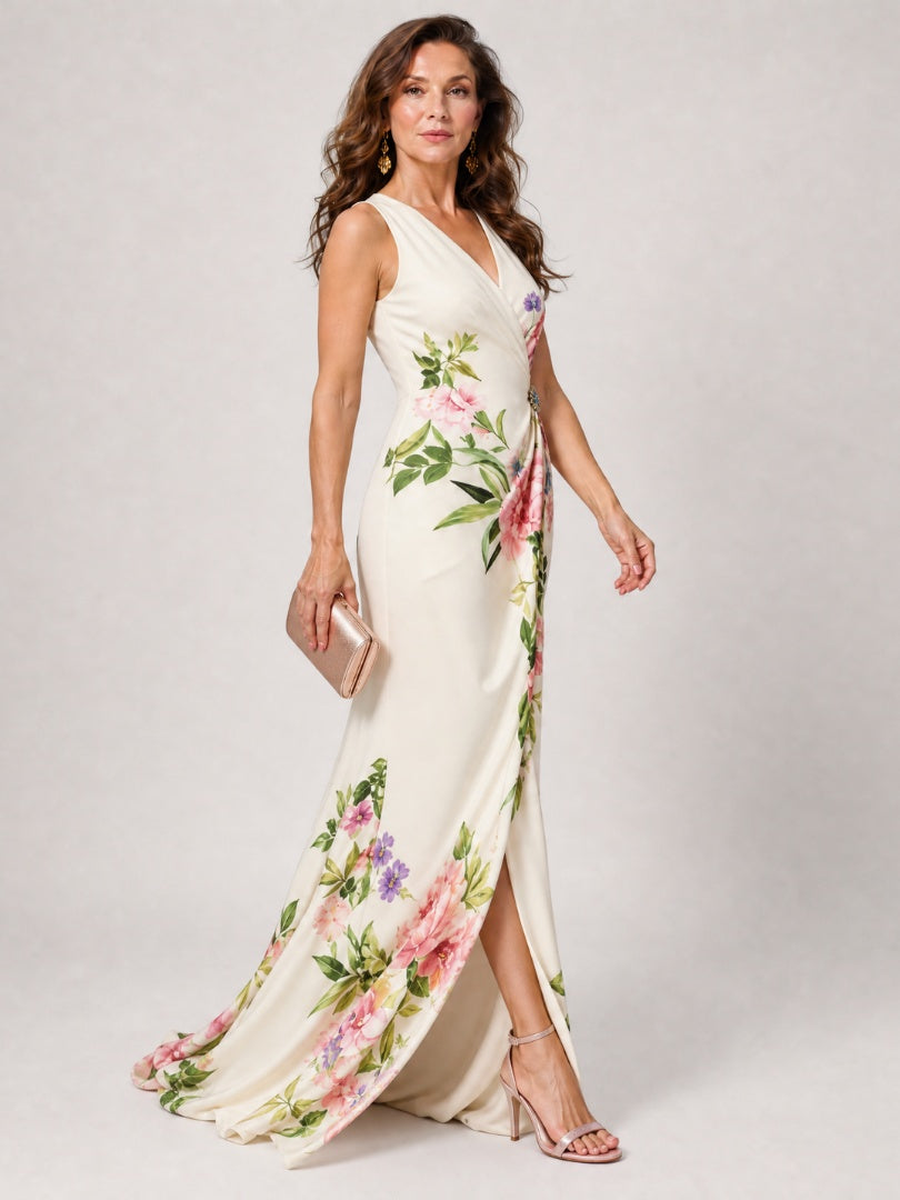 Macarena | Vestido Largo de Madrina Floral Mujer Escote V Sin Mangas