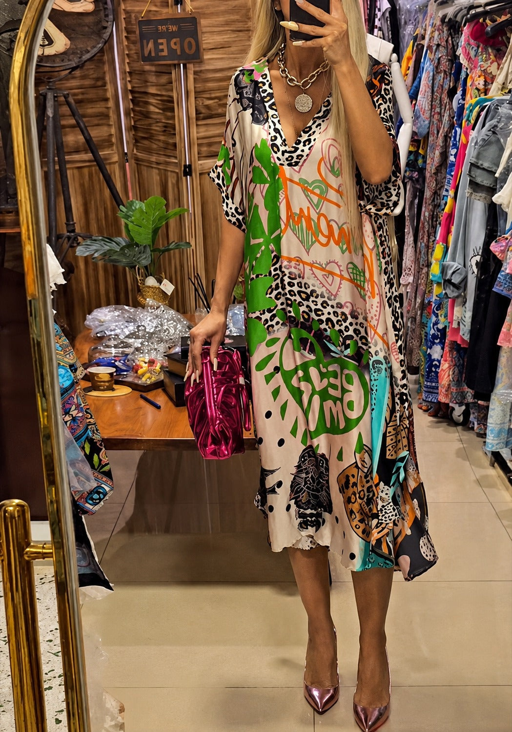 Macarena | Vestido Midi de Verano Mujer Estampado Oversize Escote V