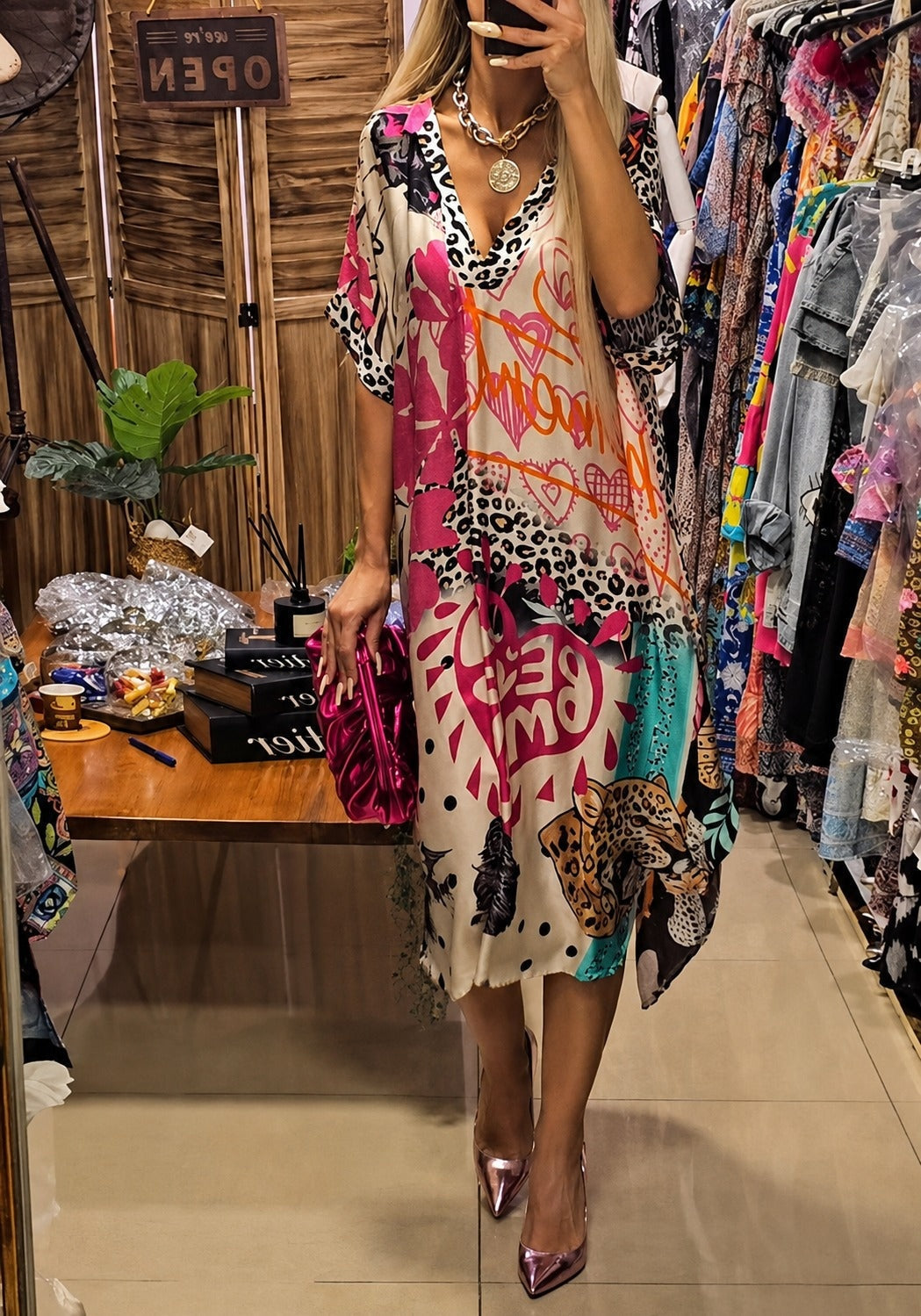 Macarena | Vestido Midi de Verano Mujer Estampado Oversize Escote V