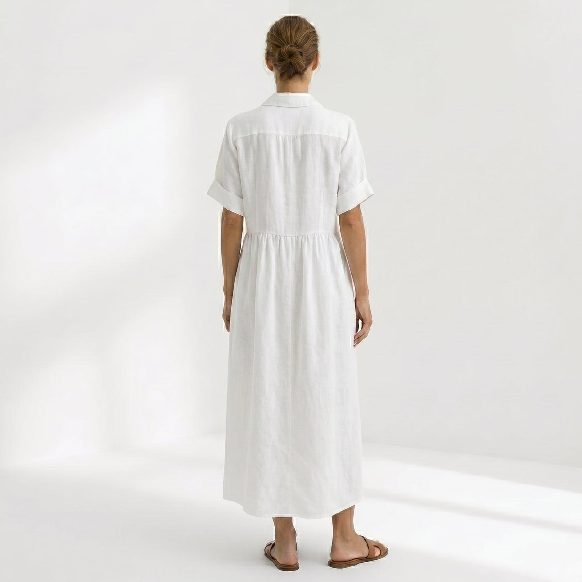 Margarita | Vestido Largo Camisero de Lino Mujer Pliegues Frontales