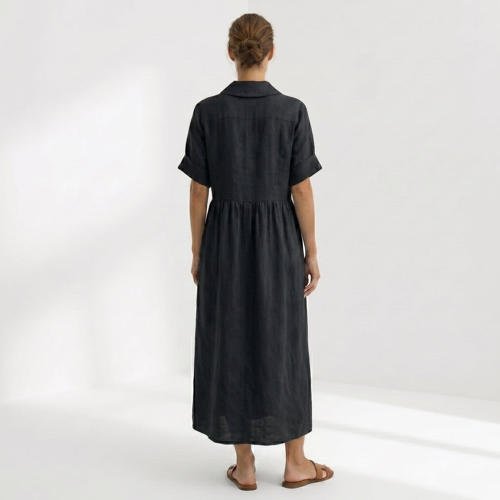 Margarita | Vestido Largo Camisero de Lino Mujer Pliegues Frontales
