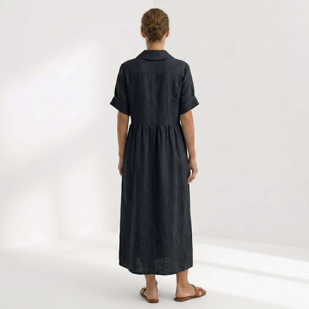 Margarita | Vestido Largo Camisero de Lino Mujer Pliegues Frontales
