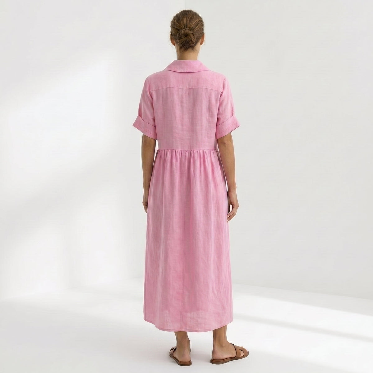 Margarita | Vestido Largo Camisero de Lino Mujer Pliegues Frontales