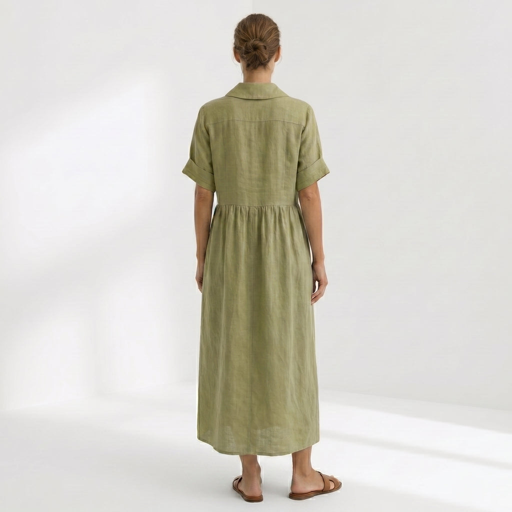 Margarita | Vestido Largo Camisero de Lino Mujer Pliegues Frontales
