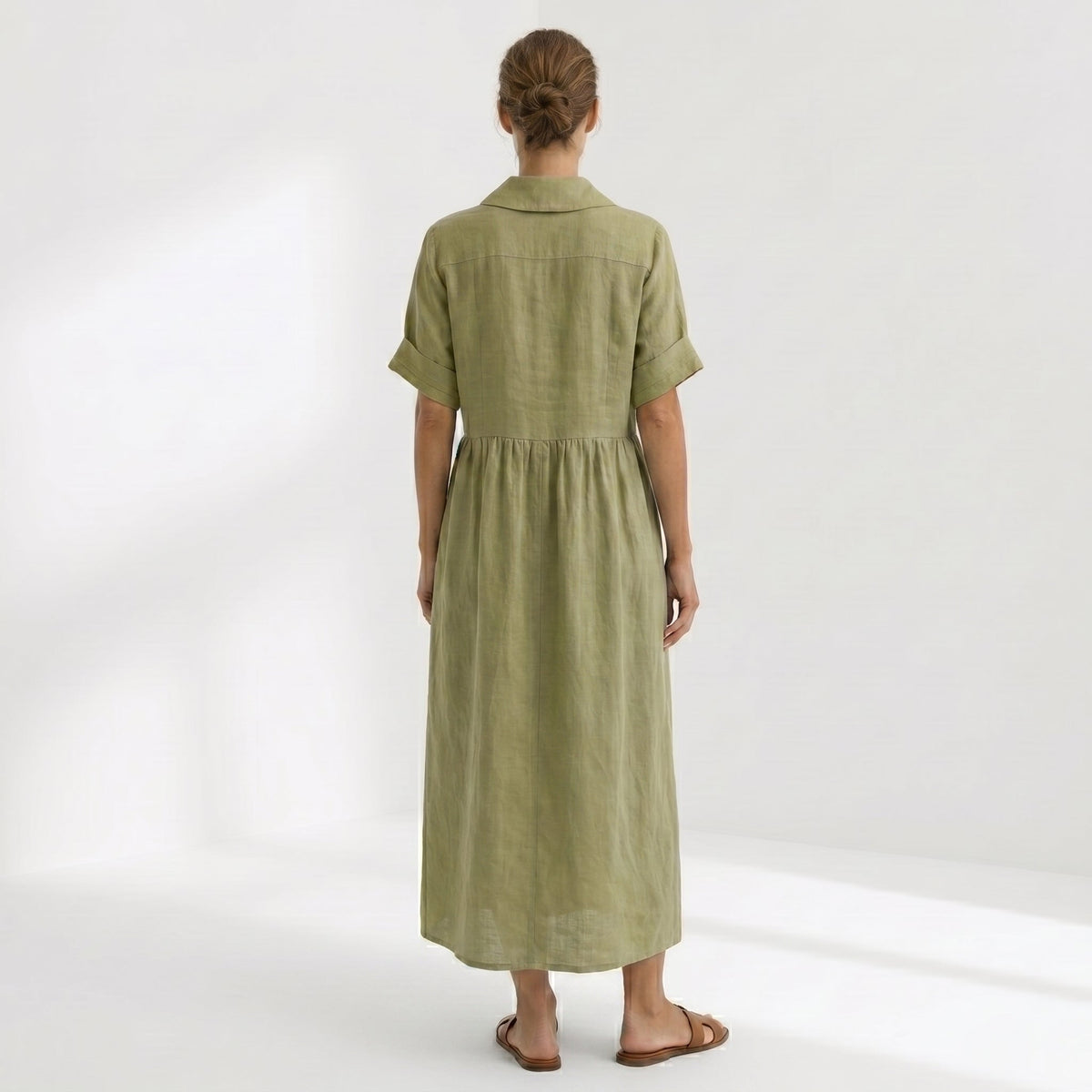 Margarita | Vestido Largo Camisero de Lino Mujer Pliegues Frontales