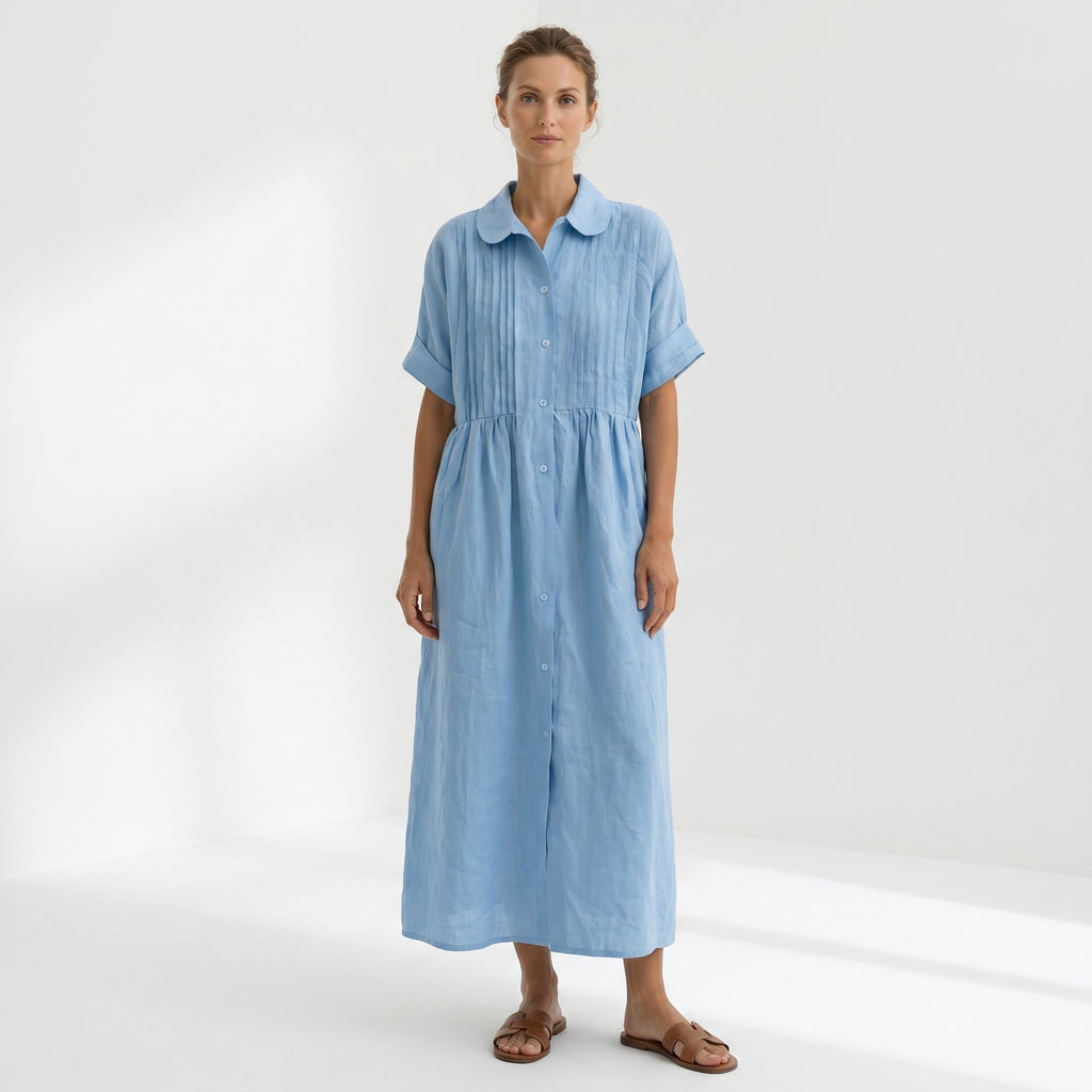 Margarita | Vestido Largo Camisero de Lino Mujer Pliegues Frontales