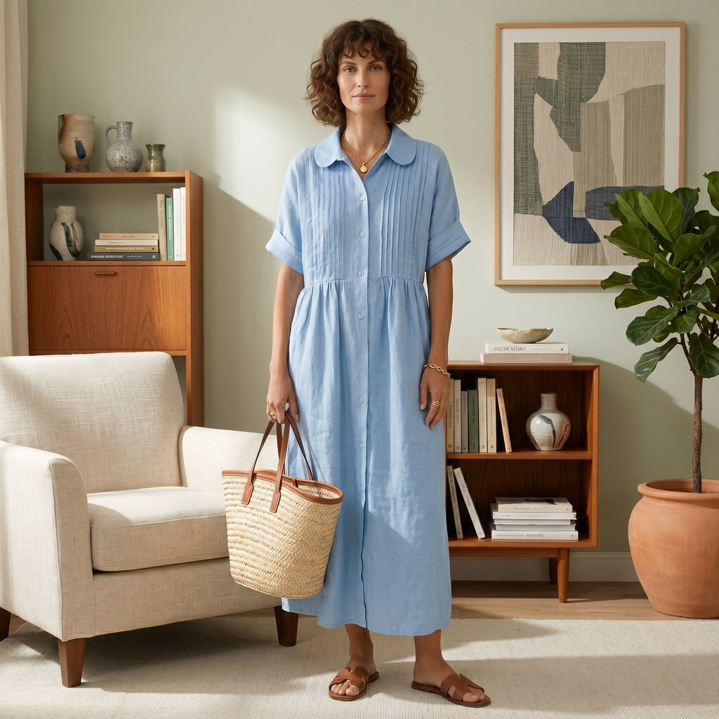 Margarita | Vestido Largo Camisero de Lino Mujer Pliegues Frontales