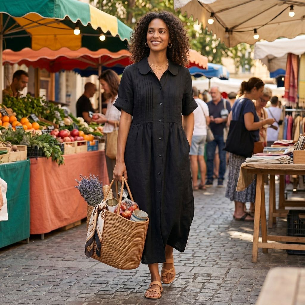 Margarita | Vestido Largo Camisero de Lino Mujer Pliegues Frontales