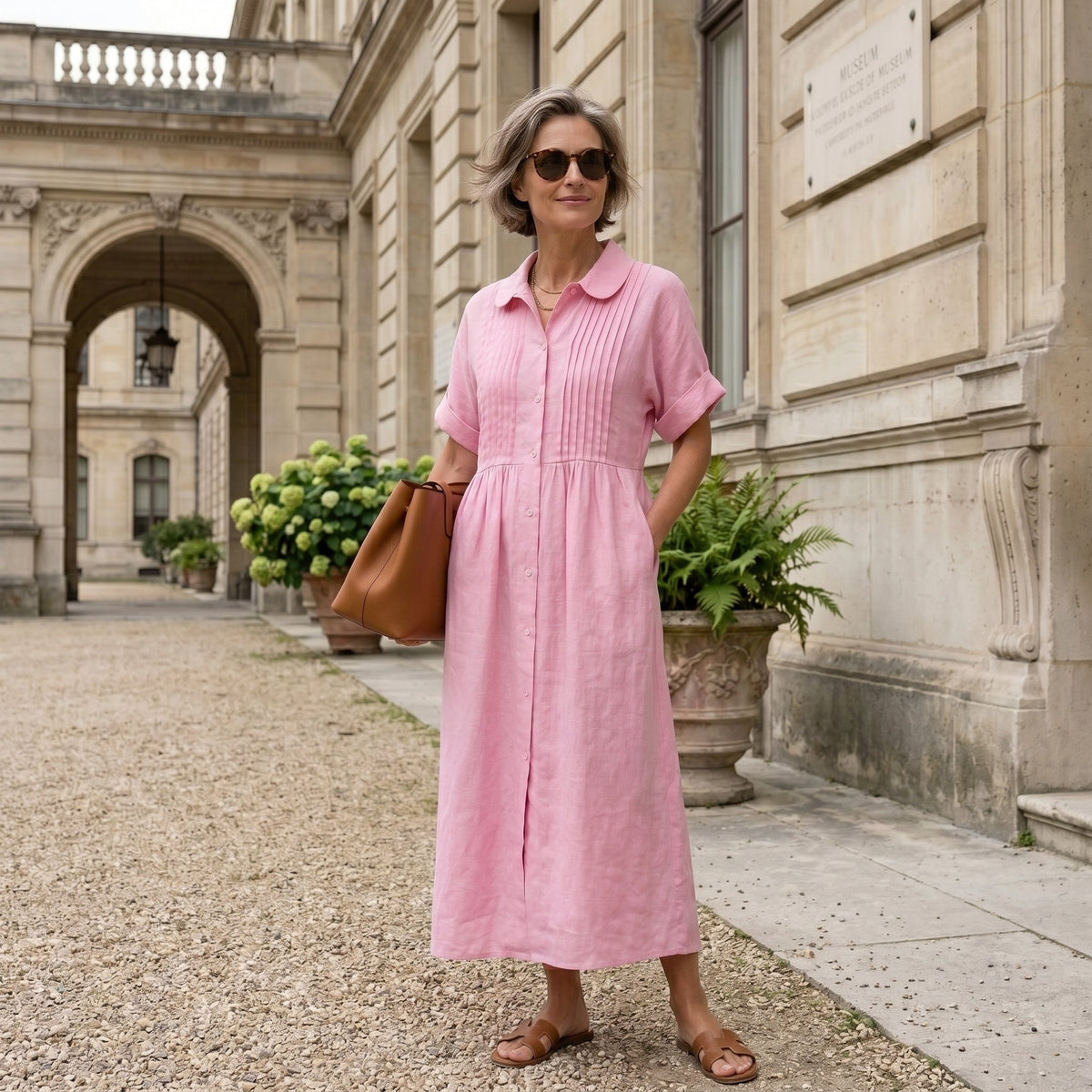 Margarita | Vestido Largo Camisero de Lino Mujer Pliegues Frontales