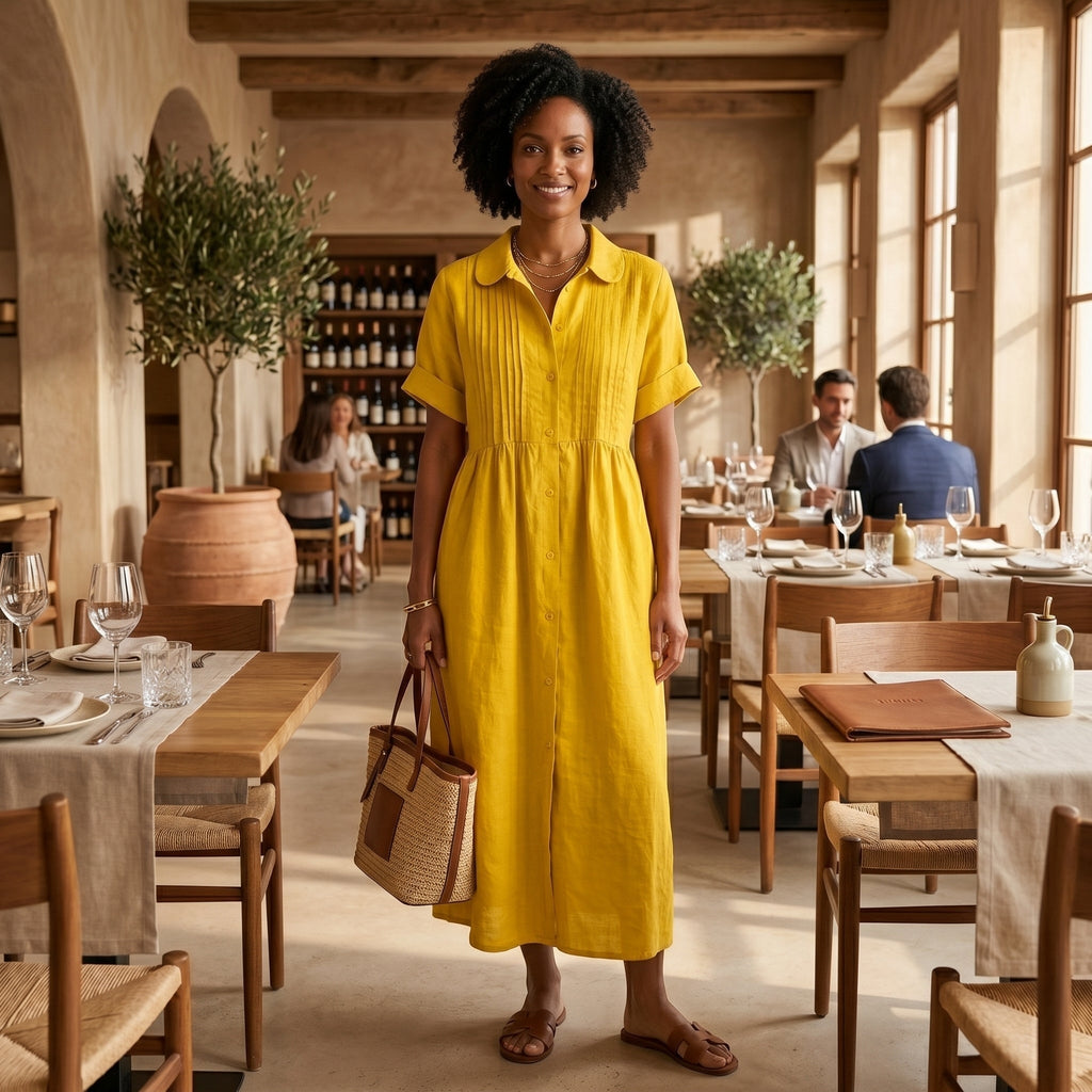 Margarita | Vestido Largo Camisero de Lino Mujer Pliegues Frontales