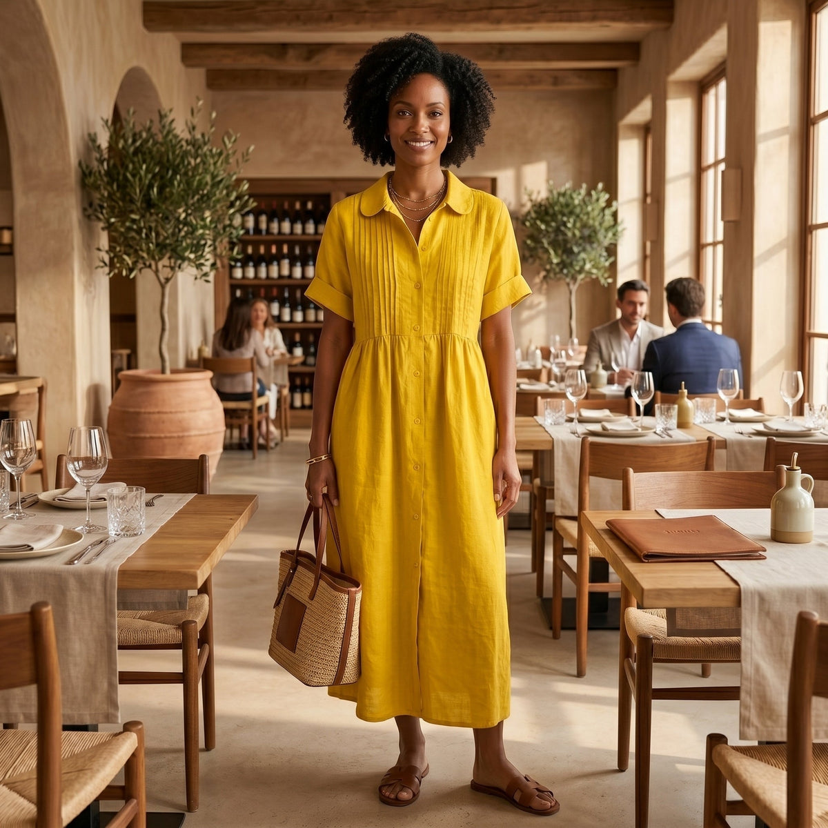 Margarita | Vestido Largo Camisero de Lino Mujer Pliegues Frontales