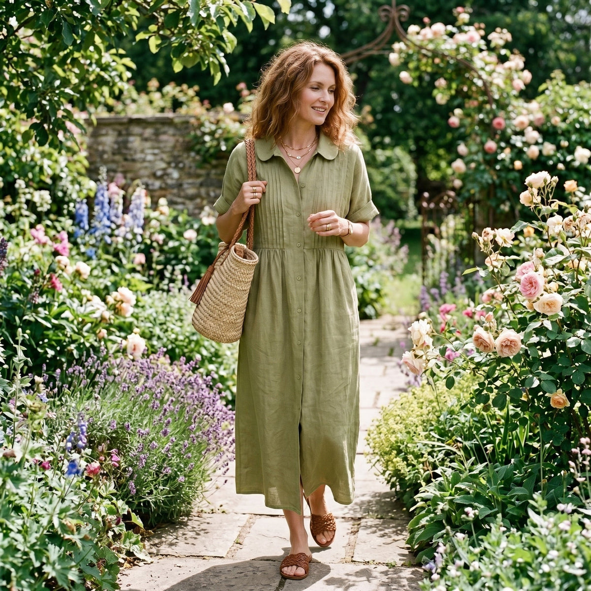 Margarita | Vestido Largo Camisero de Lino Mujer Pliegues Frontales