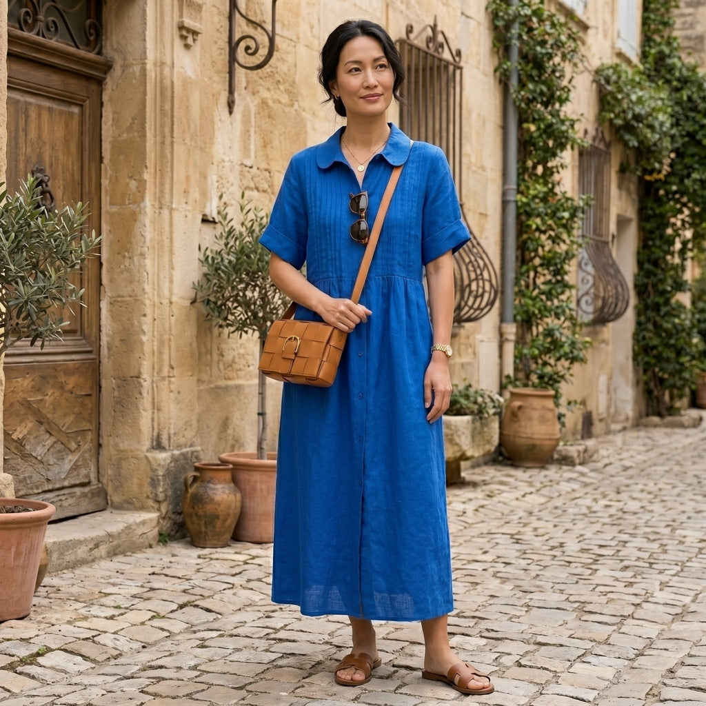 Margarita | Vestido Largo Camisero de Lino Mujer Pliegues Frontales