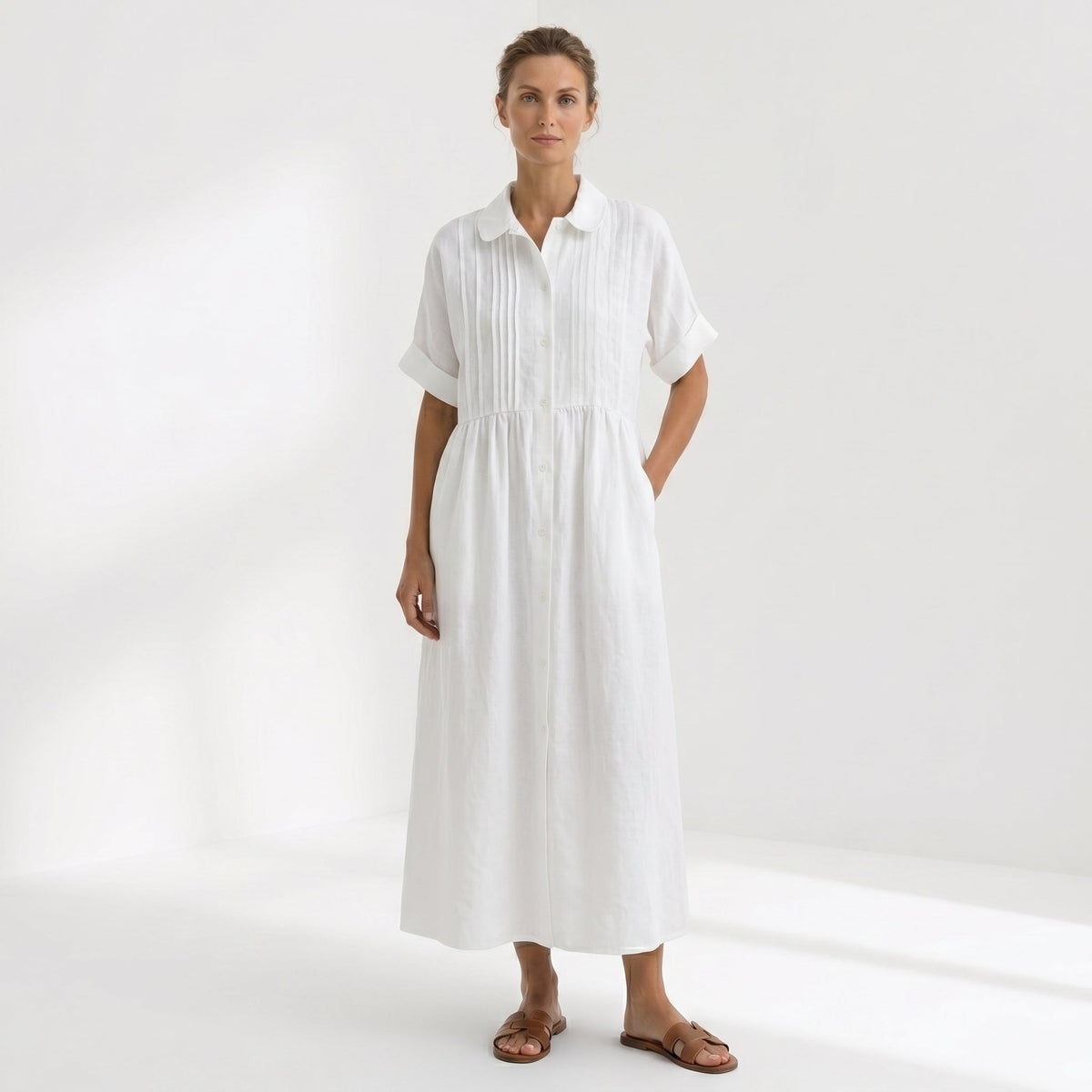 Margarita | Vestido Largo Camisero de Lino Mujer Pliegues Frontales