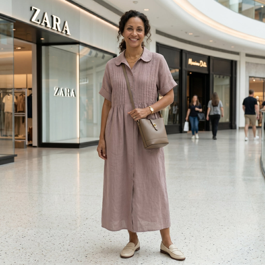 Margarita | Vestido Largo Camisero de Lino Mujer Pliegues Frontales