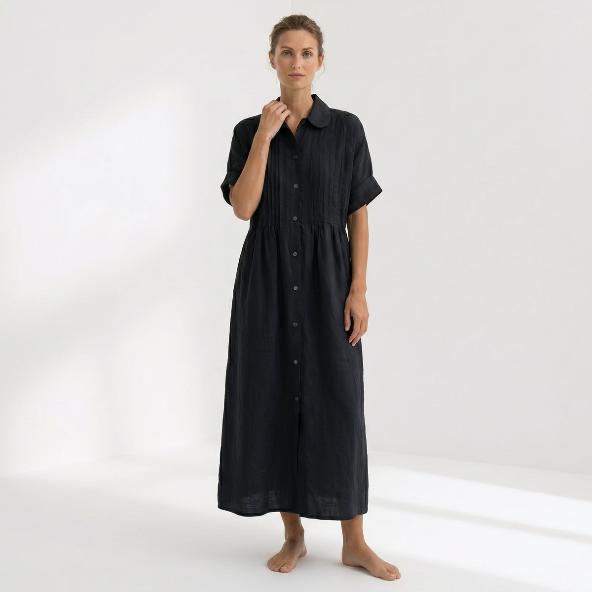 Margarita | Vestido Largo Camisero de Lino Mujer Pliegues Frontales