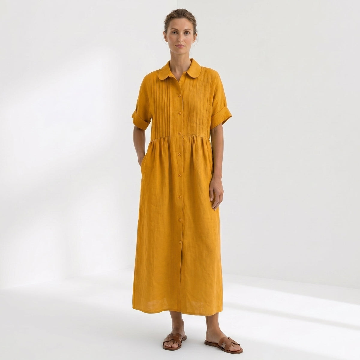 Margarita | Vestido Largo Camisero de Lino Mujer Pliegues Frontales