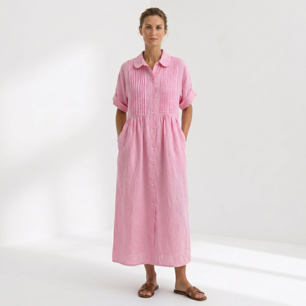 Margarita | Vestido Largo Camisero de Lino Mujer Pliegues Frontales