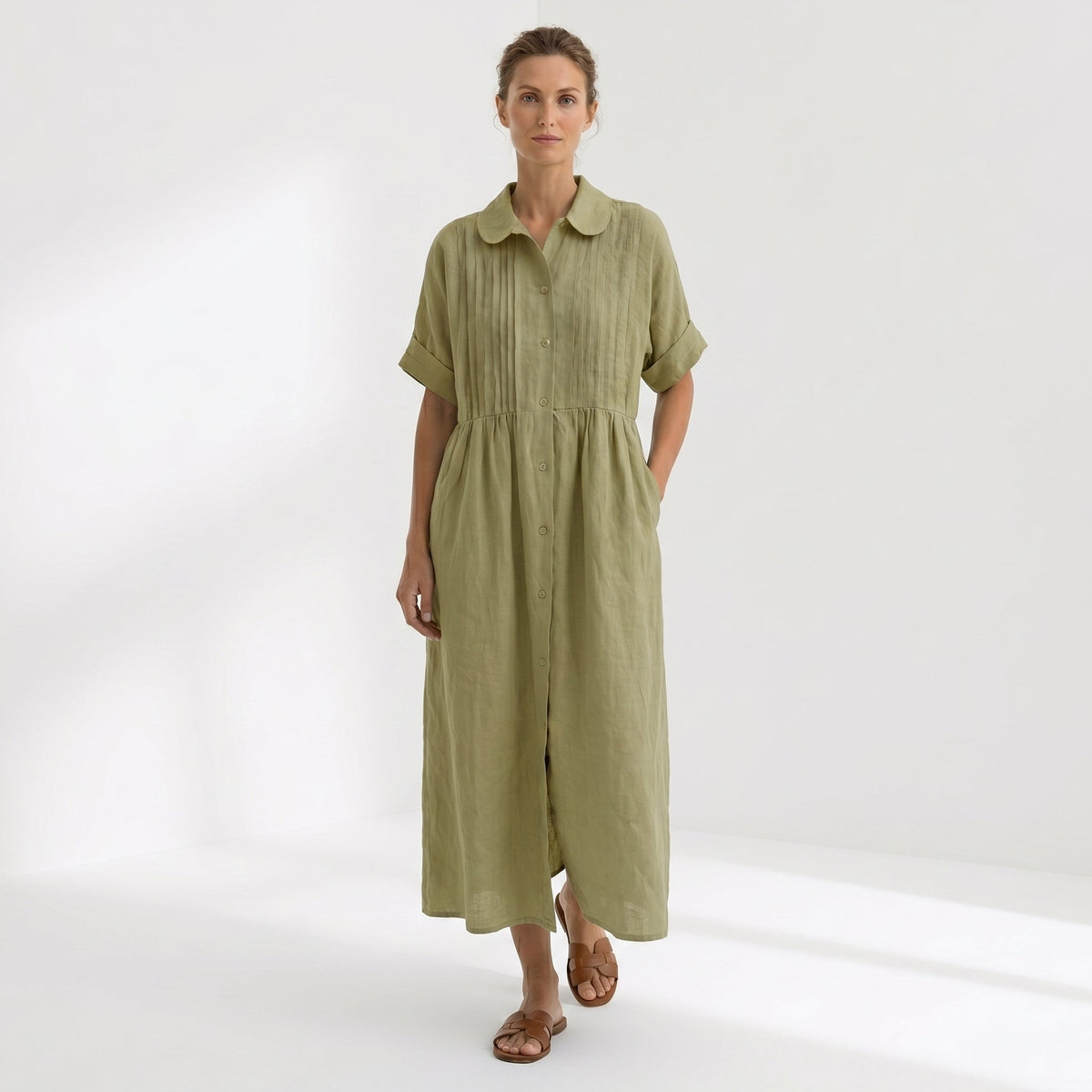 Margarita | Vestido Largo Camisero de Lino Mujer Pliegues Frontales
