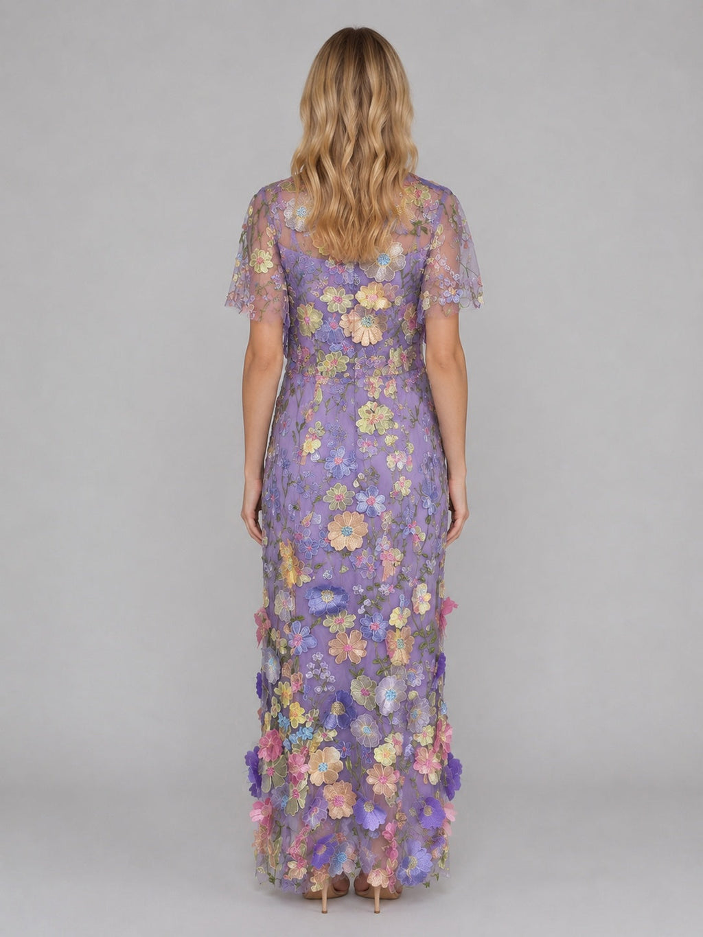 Marisol | Vestido Largo de Invitada de Boda Bordado Floral 3D Mujer Manga Corta