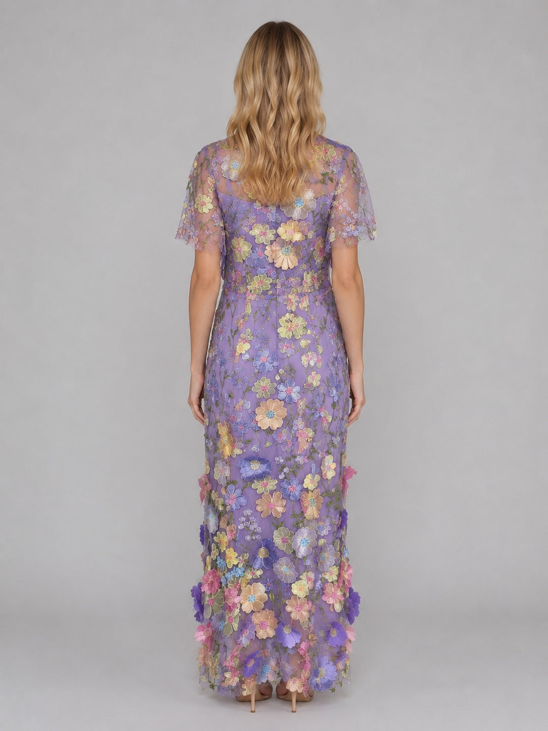 Marisol | Vestido Largo de Invitada de Boda Bordado Floral 3D Mujer Manga Corta