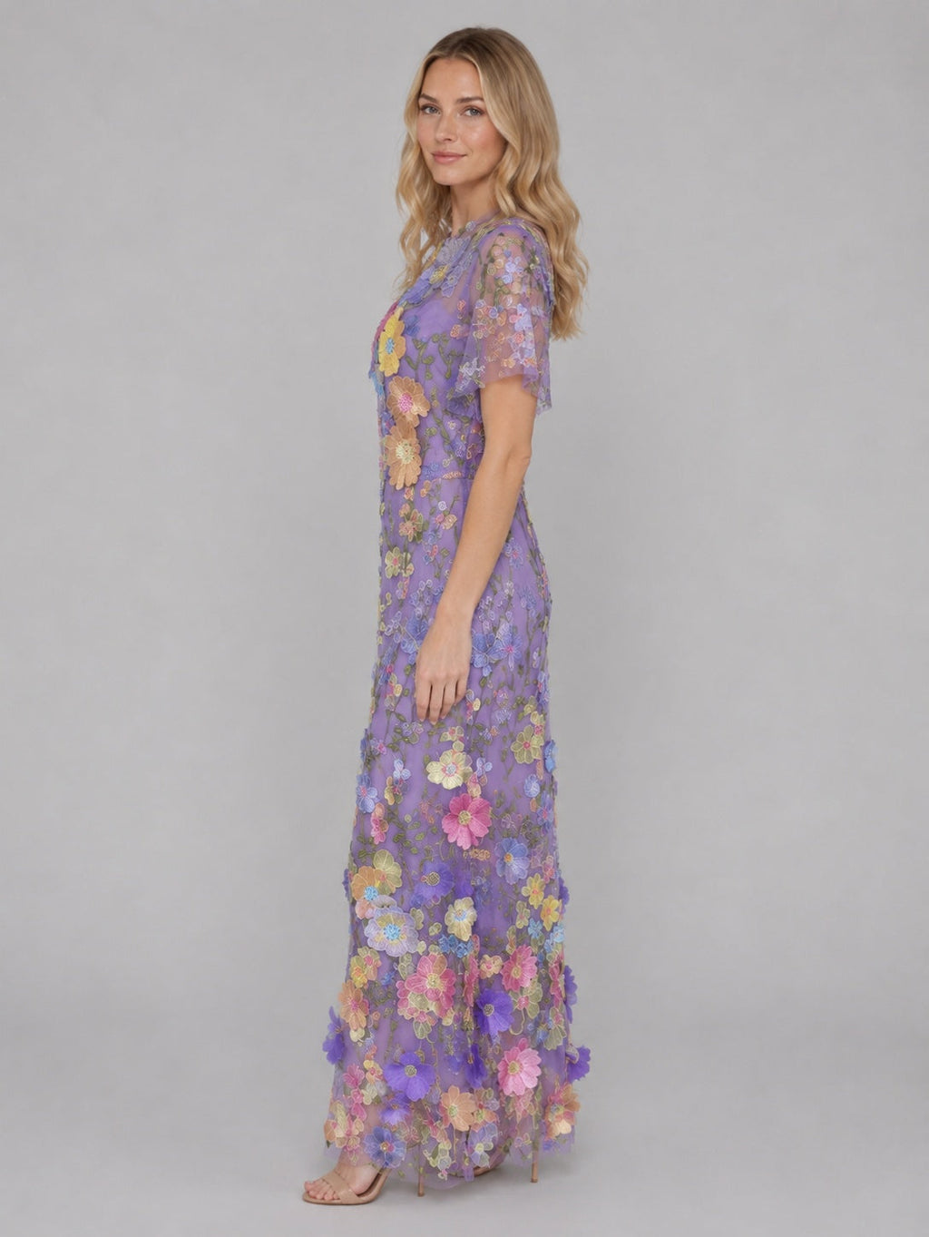 Marisol | Vestido Largo de Invitada de Boda Bordado Floral 3D Mujer Manga Corta