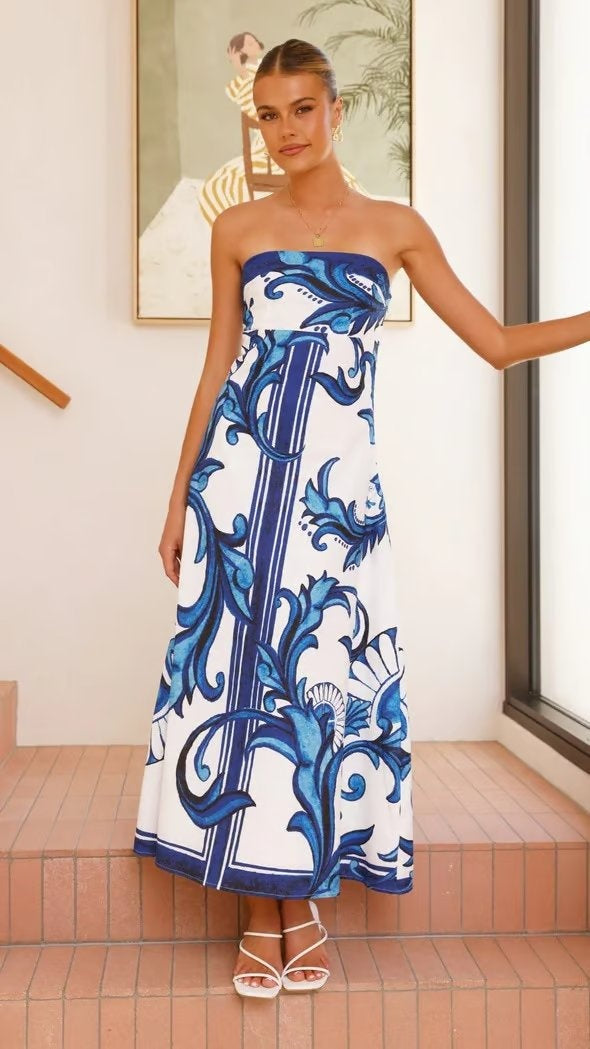 Mencía | Vestido Palabra de Honor Estampado Largo Mujer Sin Tirantes