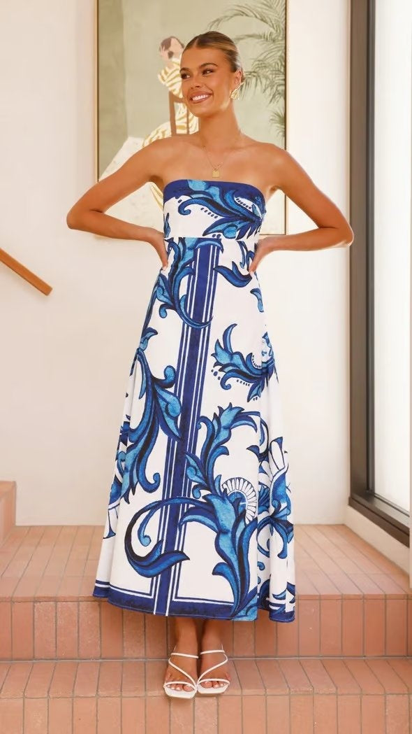 Mencía | Vestido Palabra de Honor Estampado Largo Mujer Sin Tirantes